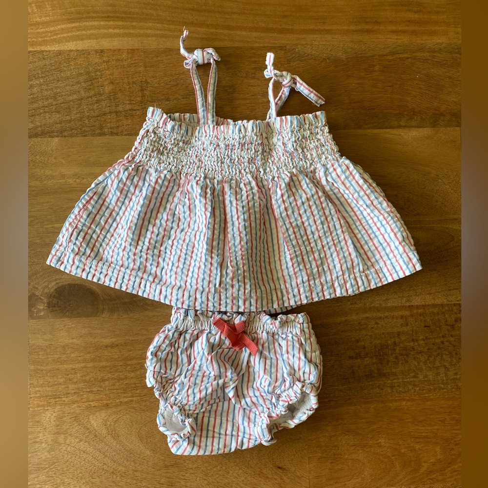 Hope & Henry Baby Smocked Tank and Ruffle Bloomer Set (red and blue seersucker)